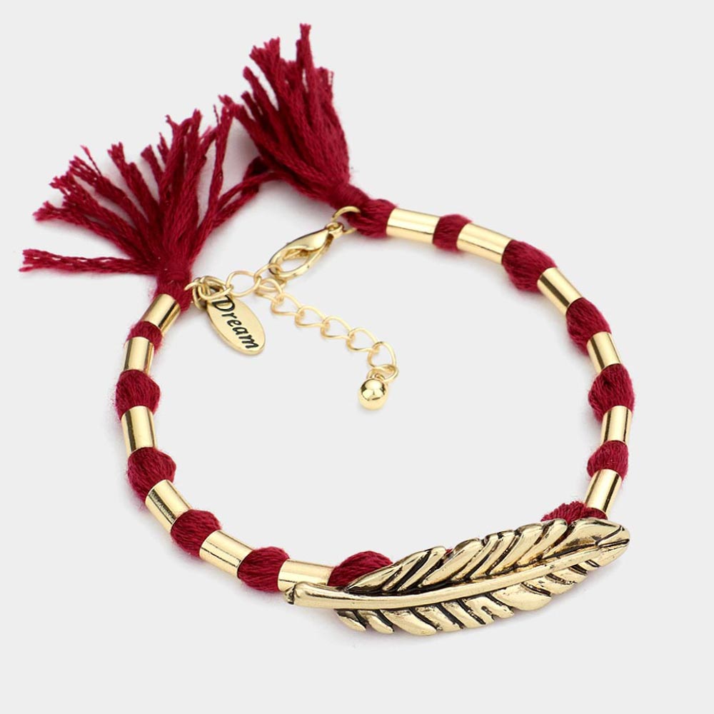 "Dream" Feather Accented Thread Tassel Bracelet