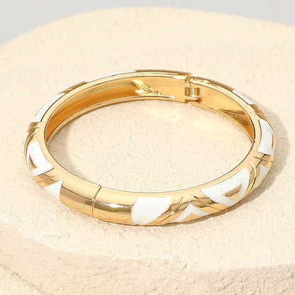 Geometric Pattern Enamel Inlay Hinged Bangle Bracelet