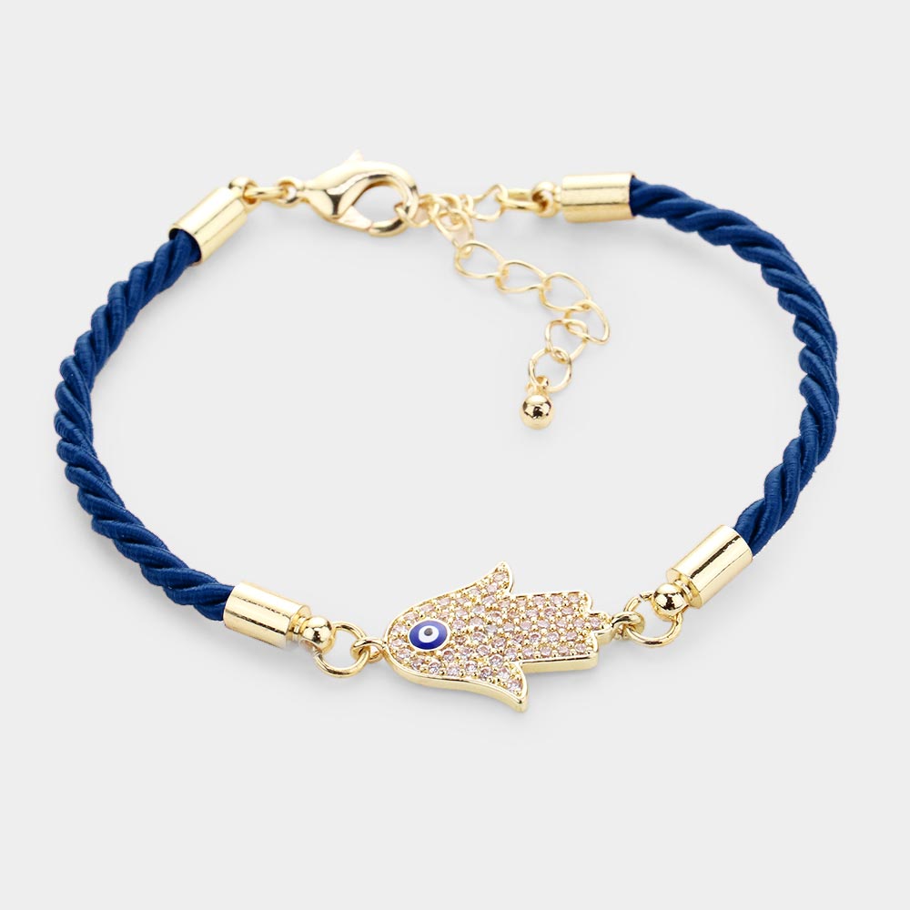 Rhinestone Embellished Hamsa Hand Enamel Evil Eye Charm Bracelet