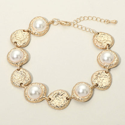 Pearl Accent Textured Disc Link Bracelet