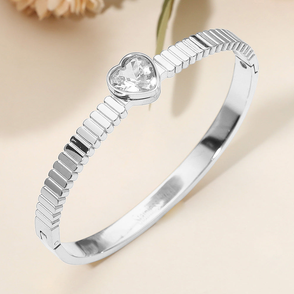 Stainless Steel Heart Stone Accent Hinged Bangle Bracelet