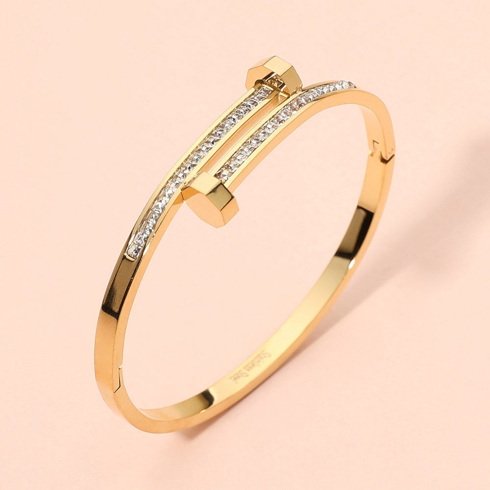 Stainless Steel CZ Stone Paved Nail Head Tip Hinged Bangle Bracelet