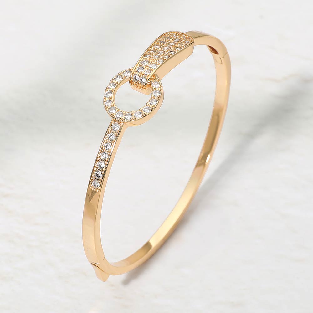 14K Gold Plated CZ Pave Ring Link Hinged Bangle Bracelet