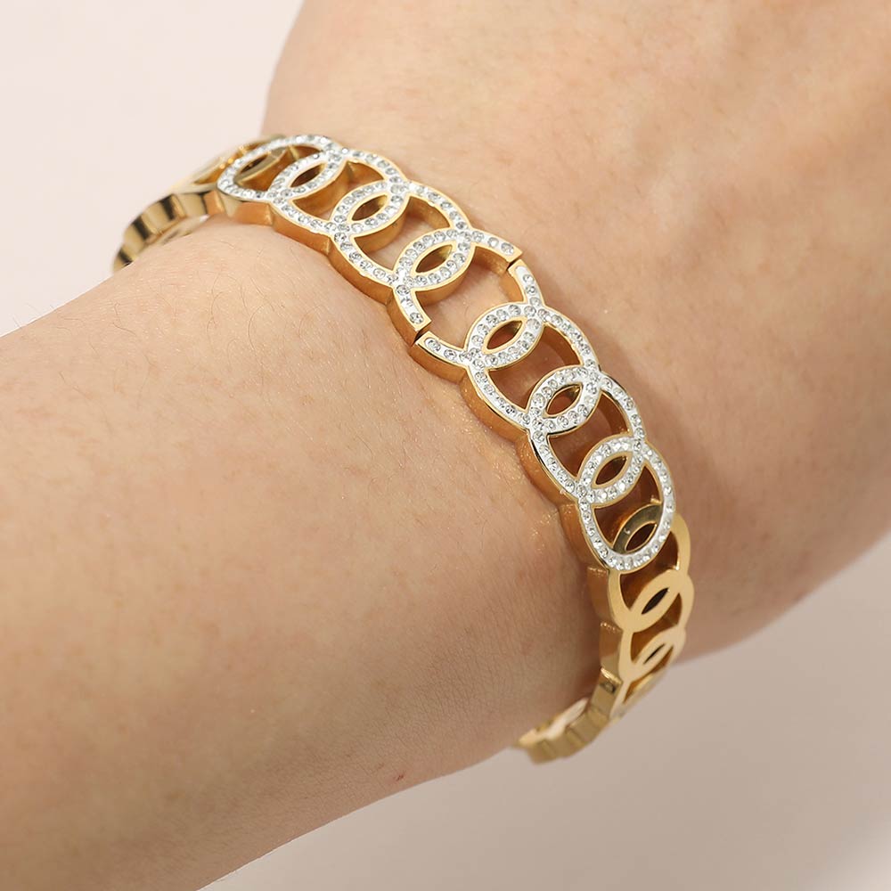 Stainless Steel CZ Pave Circle Link Hinged Bangle Bracelet