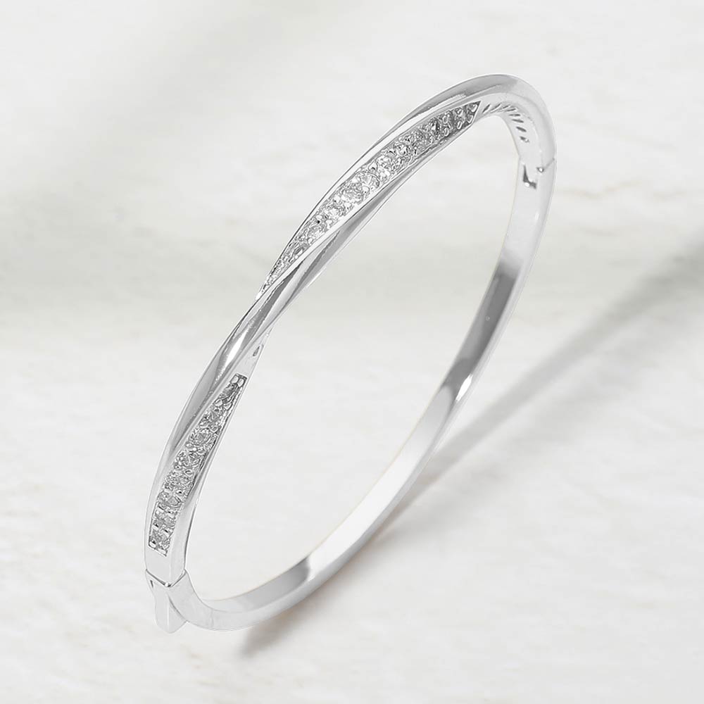 Rhodium Plated CZ Pave Twist Hinged Bangle Bracelet