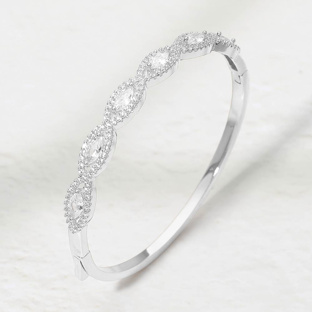 Rhodium Plated Marquise CZ Stone Cluster Around Hinged Bangle Bracelet