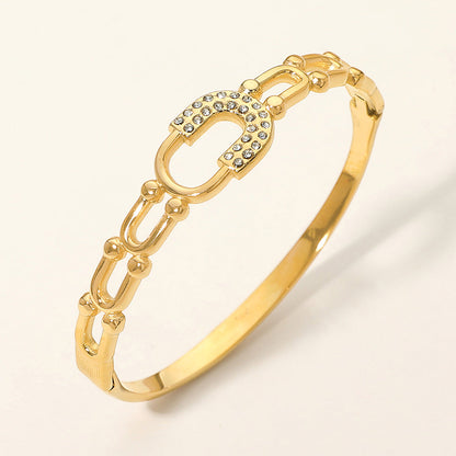 Stainless Steel CZ Pave Horseshoe Accent Hinged Bangle Bracelet