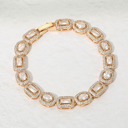 14K Gold Plated Mixed Cut Halo CZ Link Tennis Bracelet
