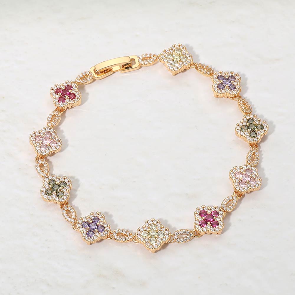 14K Gold Plated CZ Pave Quatrefoil Link Bracelet