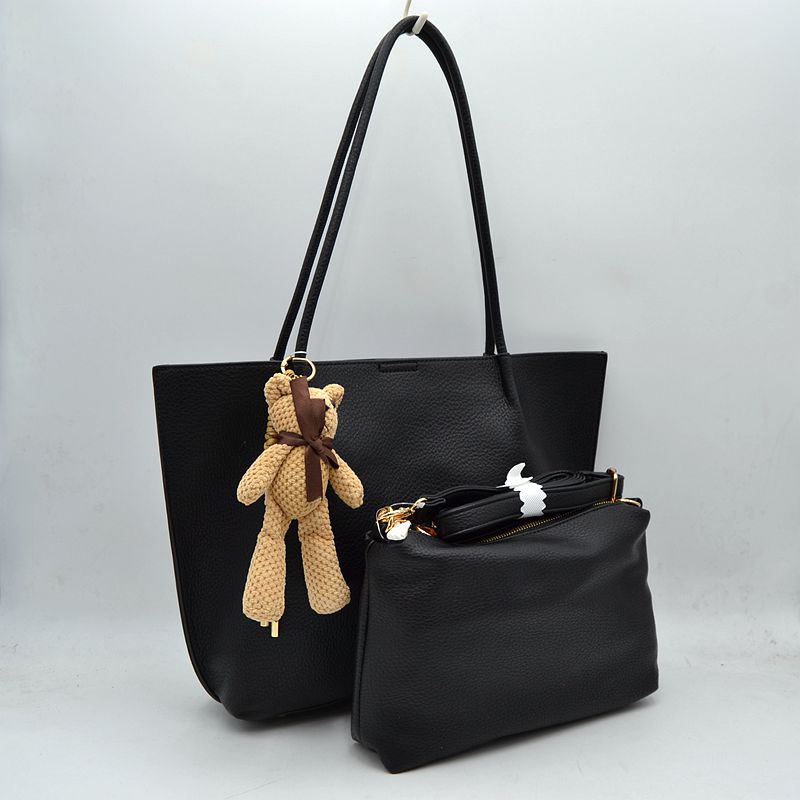 Pebbled Tote Bag with Dual Long Handles and Bear Charm Accent