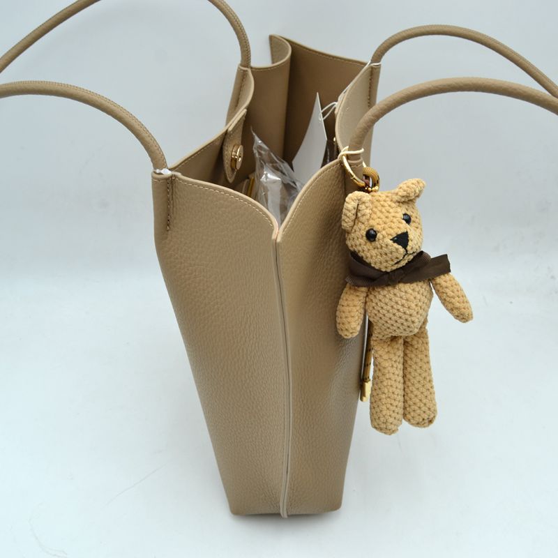 Pebbled Tote Bag with Dual Long Handles and Bear Charm Accent