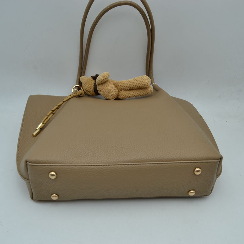 Pebbled Tote Bag with Dual Long Handles and Bear Charm Accent