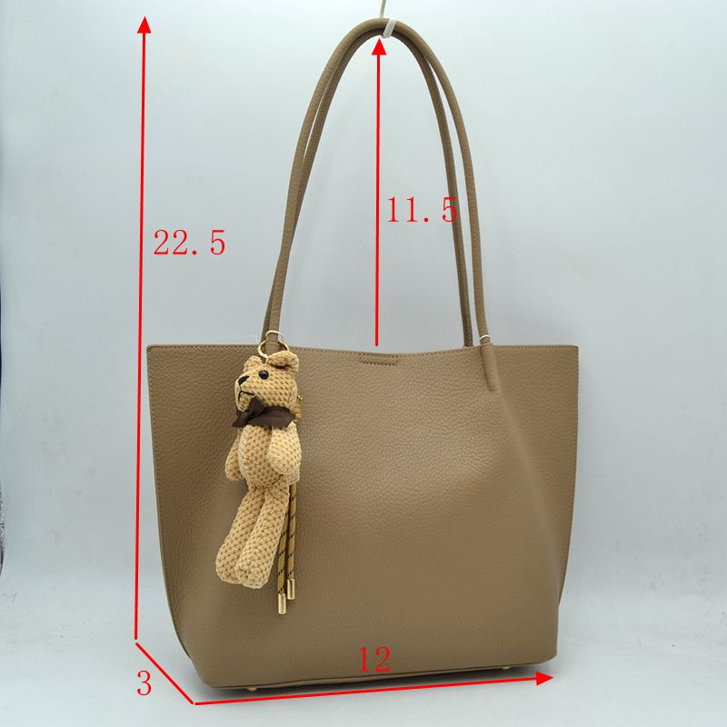 Pebbled Tote Bag with Dual Long Handles and Bear Charm Accent