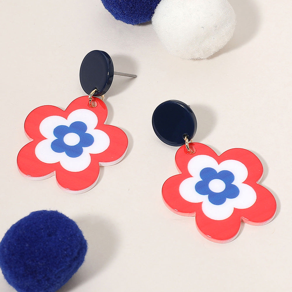 Pendientes colgantes de resina con flores y la bandera estadounidense de EE. UU.
