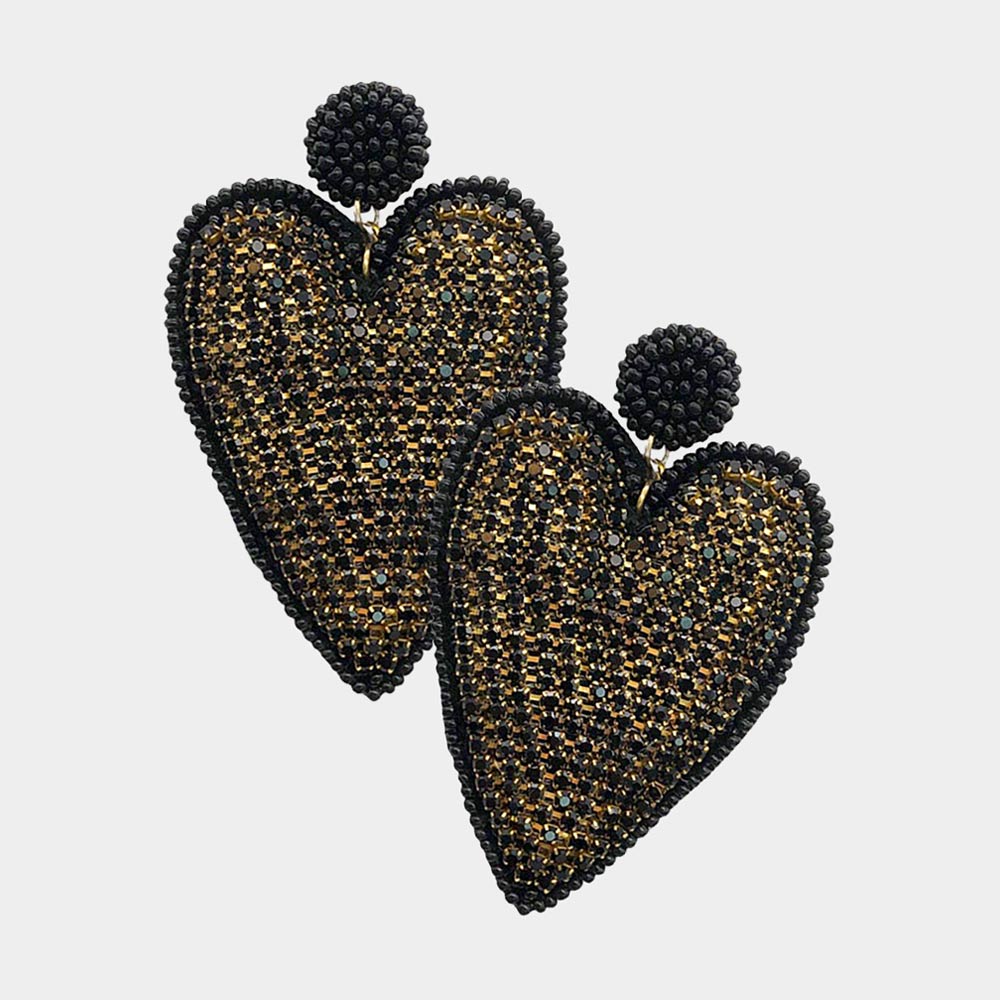 Felt Back Rhinestone Seed Beaded Heart Dangle Earrings