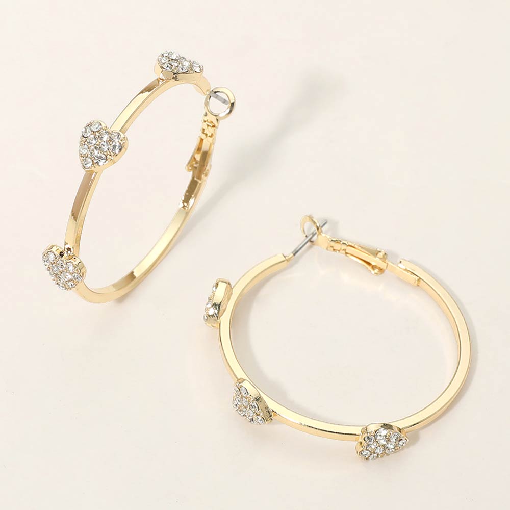 Gold Dipped Rhinestone Pave Heart Charm Around Hoop Earrings