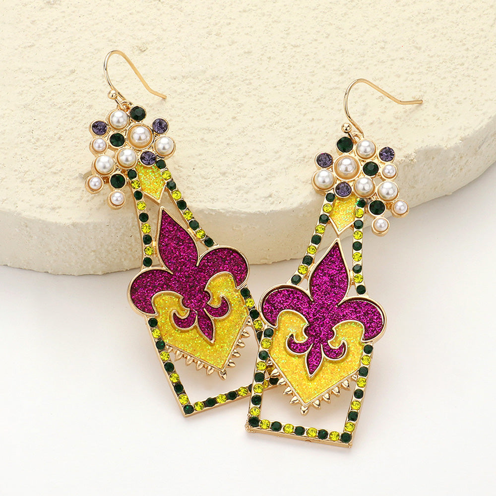 Stone Pearl Paved Sparkly Mardi Gras Fleur de Lis Bottle Dangle Earrings