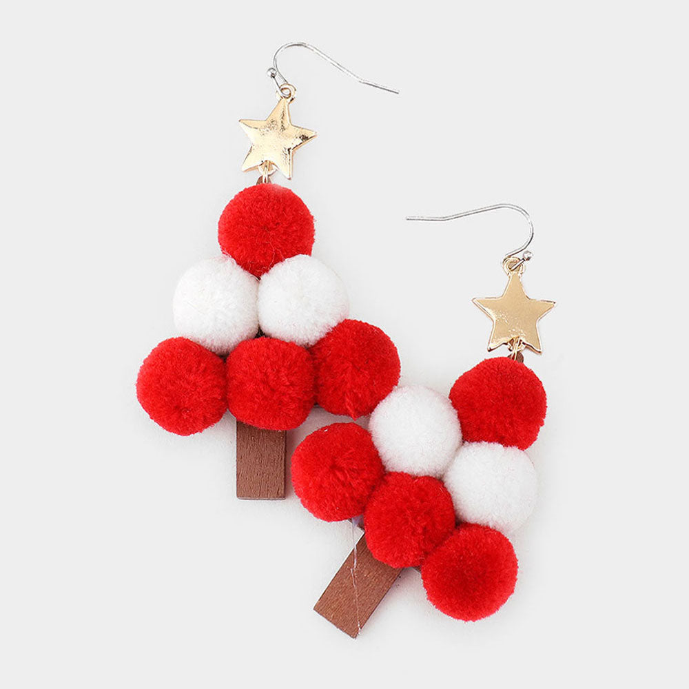 Pom Pom Christmas Tree Dangle Earrings
