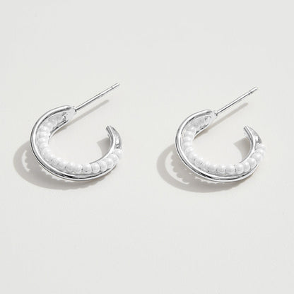 White Gold Dipped Pearl Beads Small Hoop Earrings