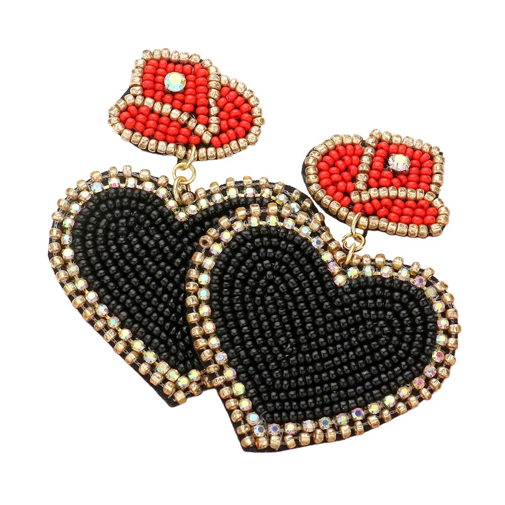 Felt Back Beaded Hat Heart Link Dangle Earrings