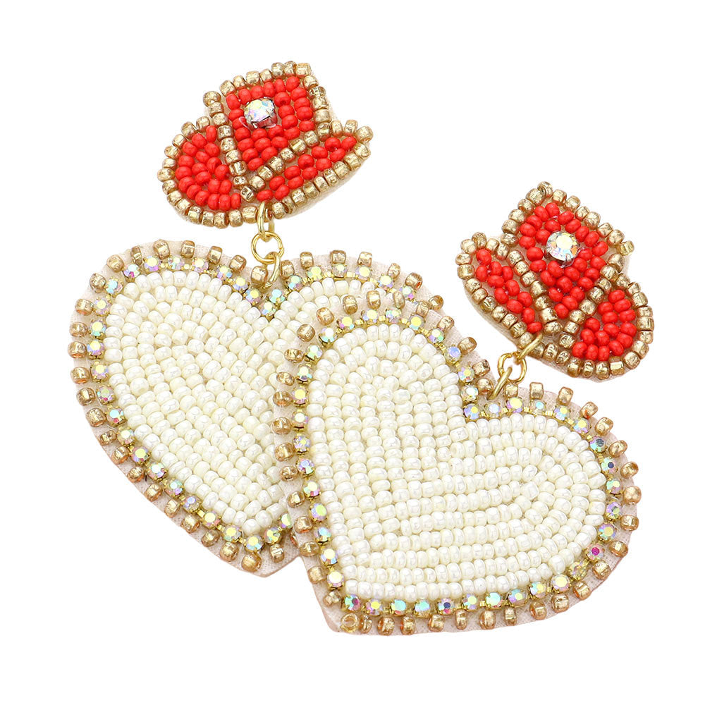 Felt Back Beaded Hat Heart Link Dangle Earrings