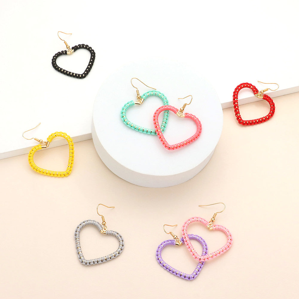 Woven Thread Open Metal Heart Dangle Earrings