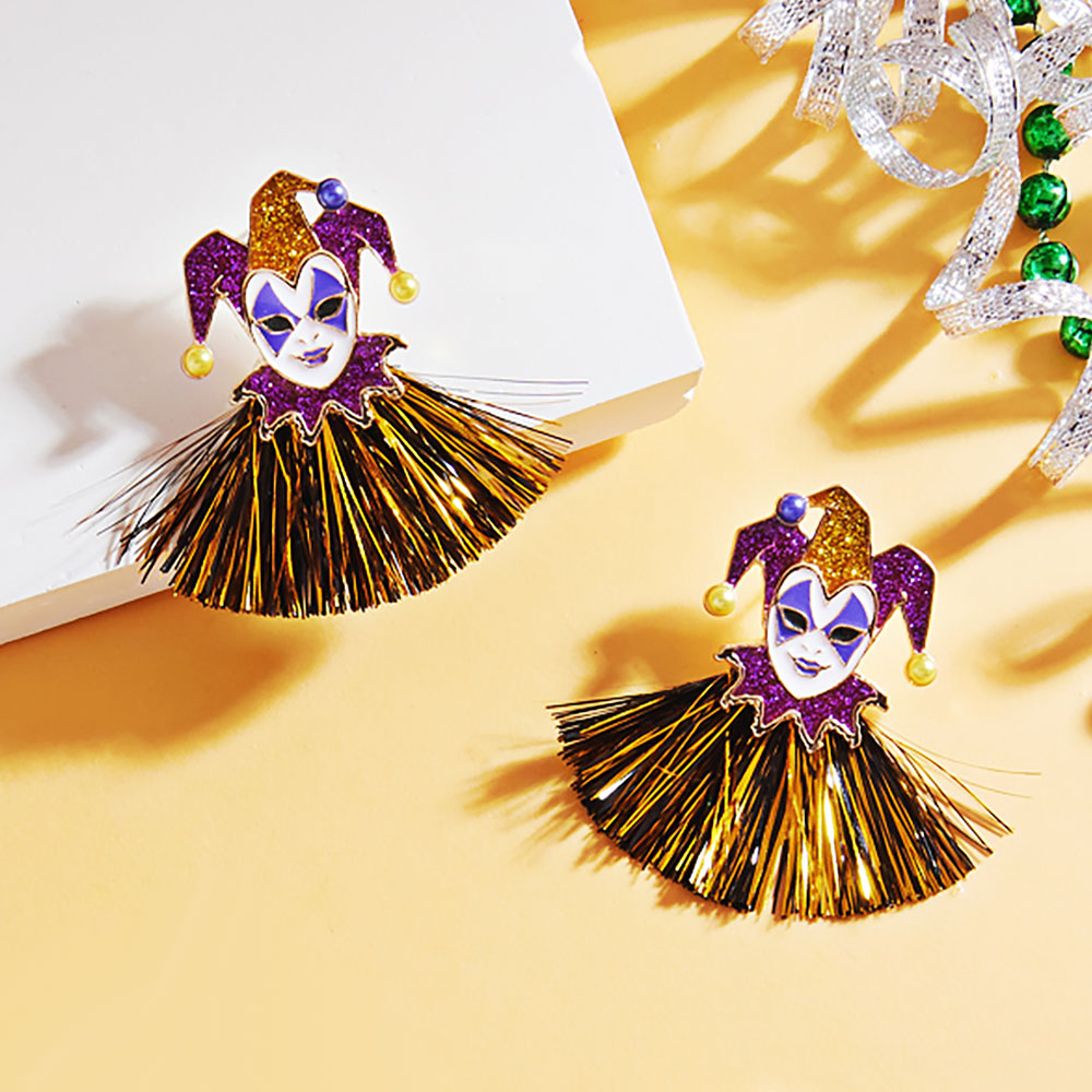 Mardi Gras Glittered Jester Pierrot Tassel Fringe Earrings