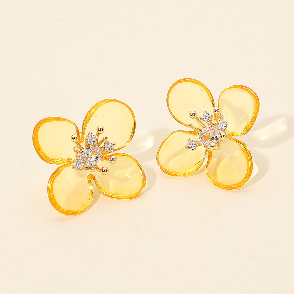 Rhinestone Accent Transparent Resin Petal Flower Earrings