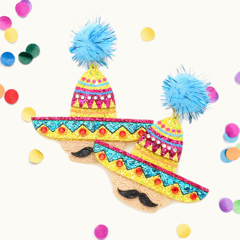 Pom Pom Glittered Hat Mustache Link Dangle Earrings