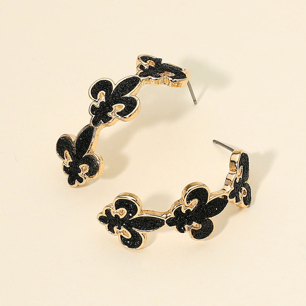 Women's Glitter Mardi Gras Fleur de Lis Link Hoop Earrings