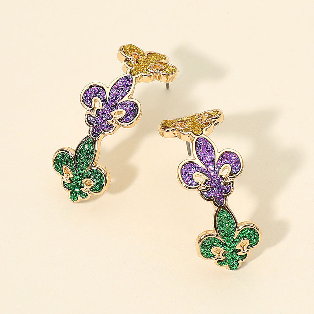 Women's Glitter Mardi Gras Fleur de Lis Link Hoop Earrings