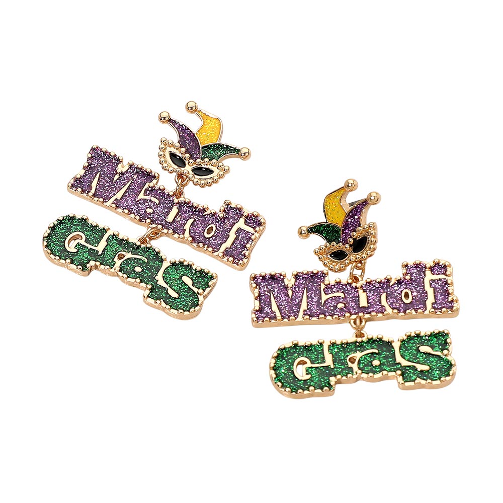 Glitter Mardi Gras Message Masquerade Drop Dangle Earrings