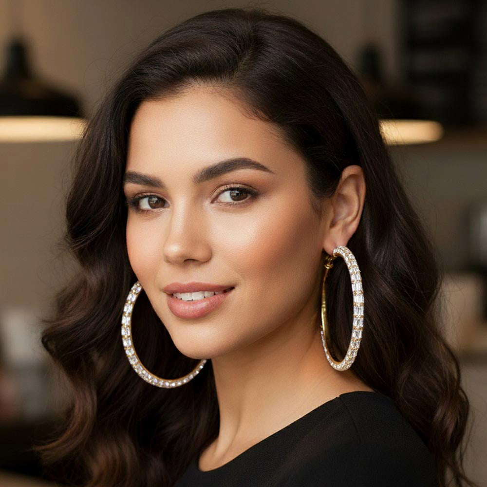 Oversized Baguette Rhinestone Embellished Hoop Earrings