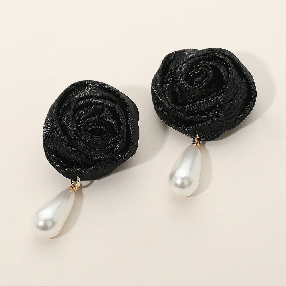 Teardrop Pearl Dangle Satin Rose Earrings