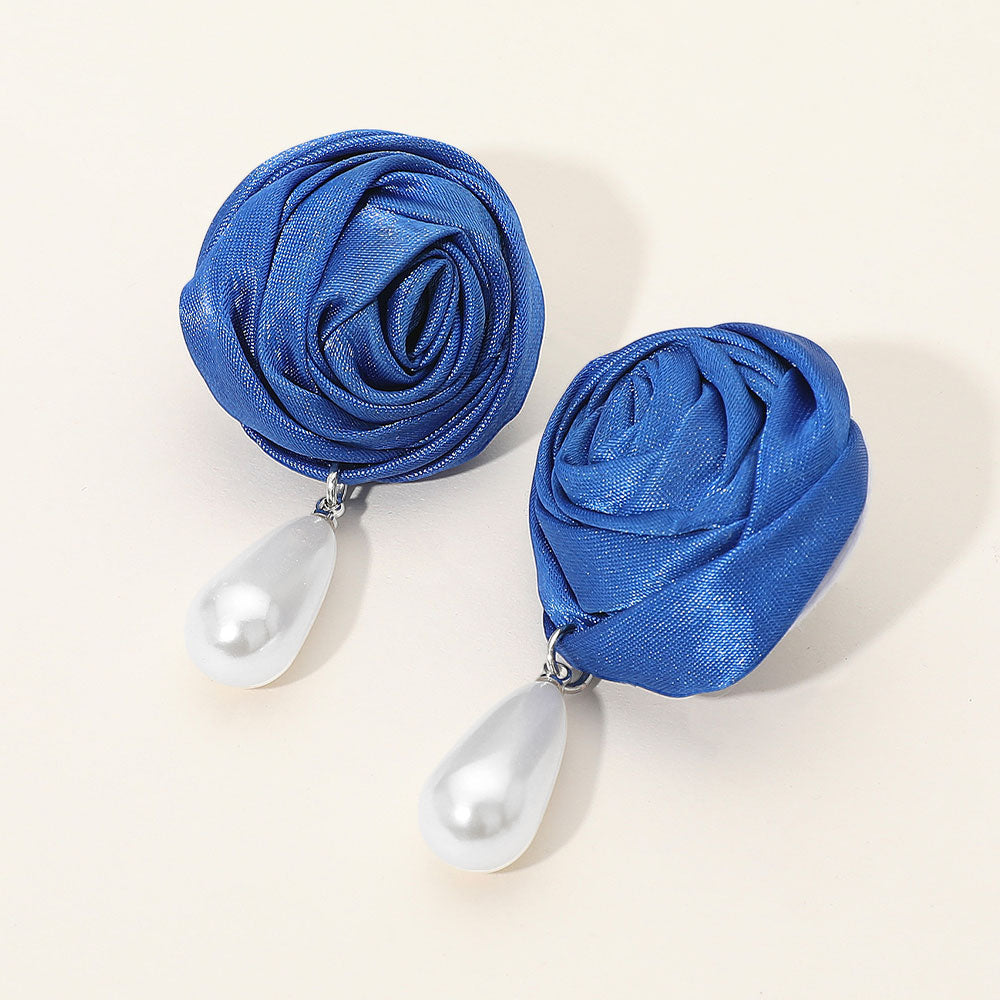 Teardrop Pearl Dangle Satin Rose Earrings