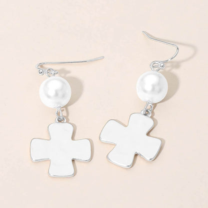 Matte Hammered Metal Cross Pearl Link Drop Earrings
