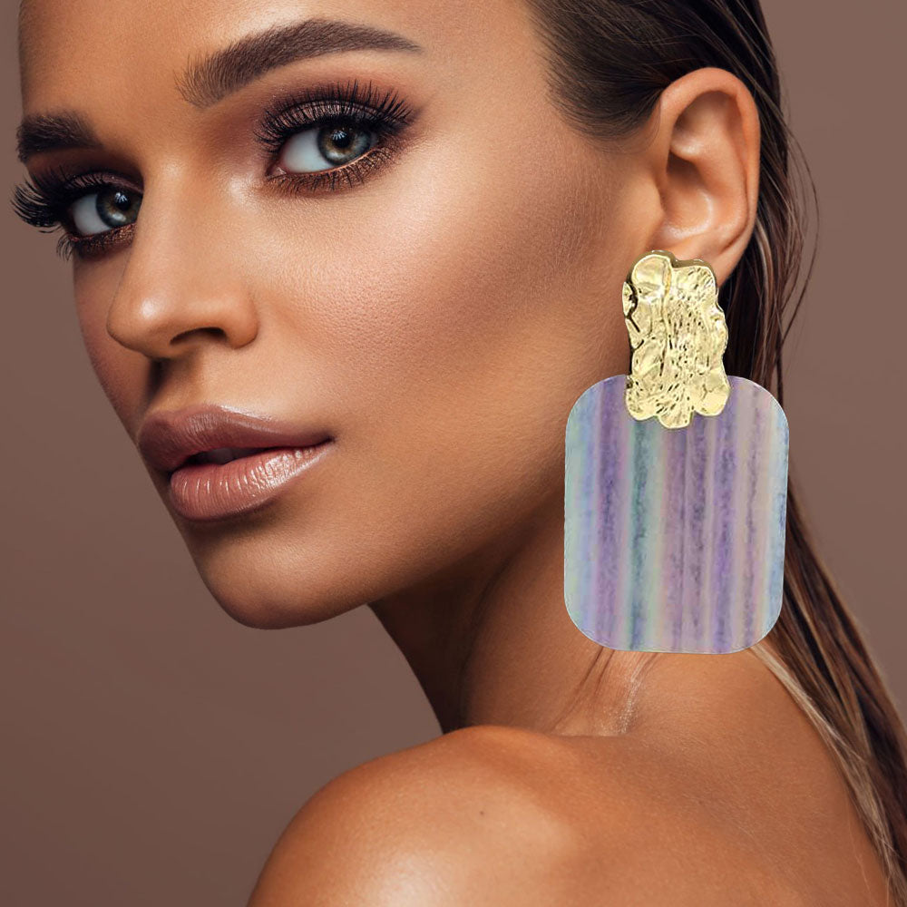 Women's Oversized Patterned Celluloid Acetate Plate Accent Door Knocker Dangle Earrings