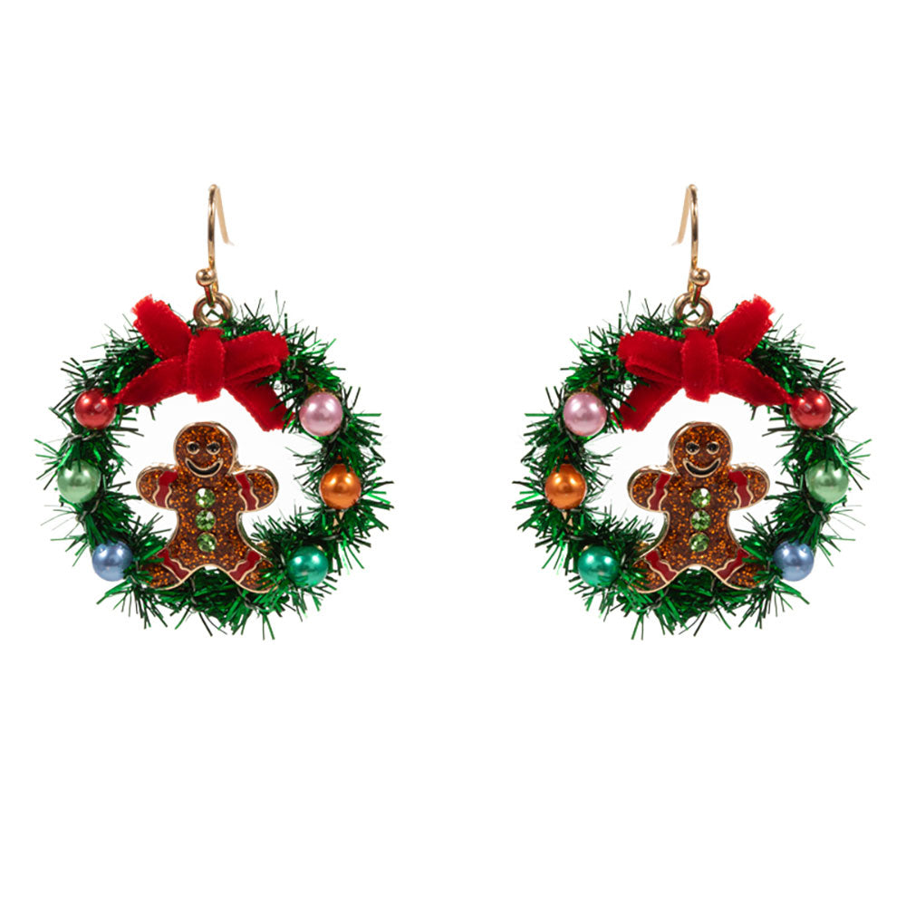 Enamel Gingerbread Christmas Wreath Dangle Earrings