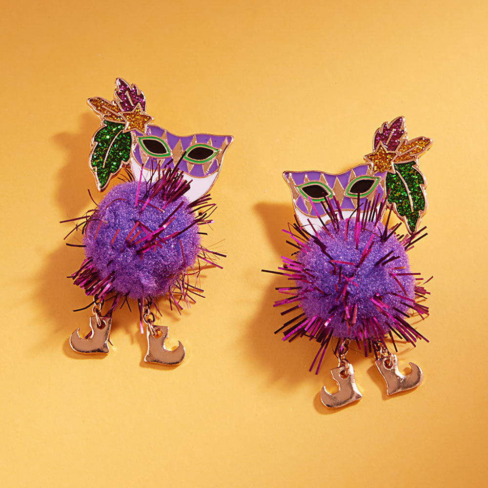 Enamel Mardi Gras Mask Pom Shoes Drop Earrings