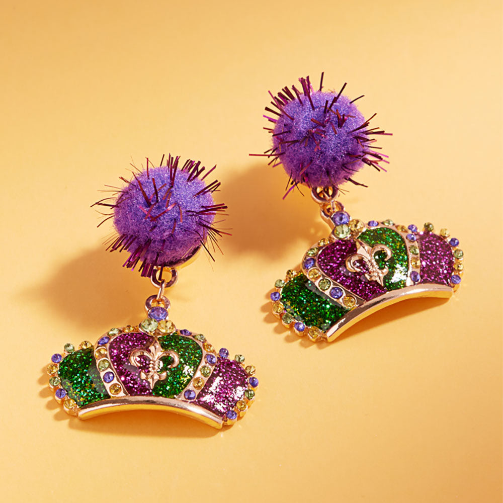 Women's Glitter Enamel Mardi Gras Crown Dangle Pom Earrings