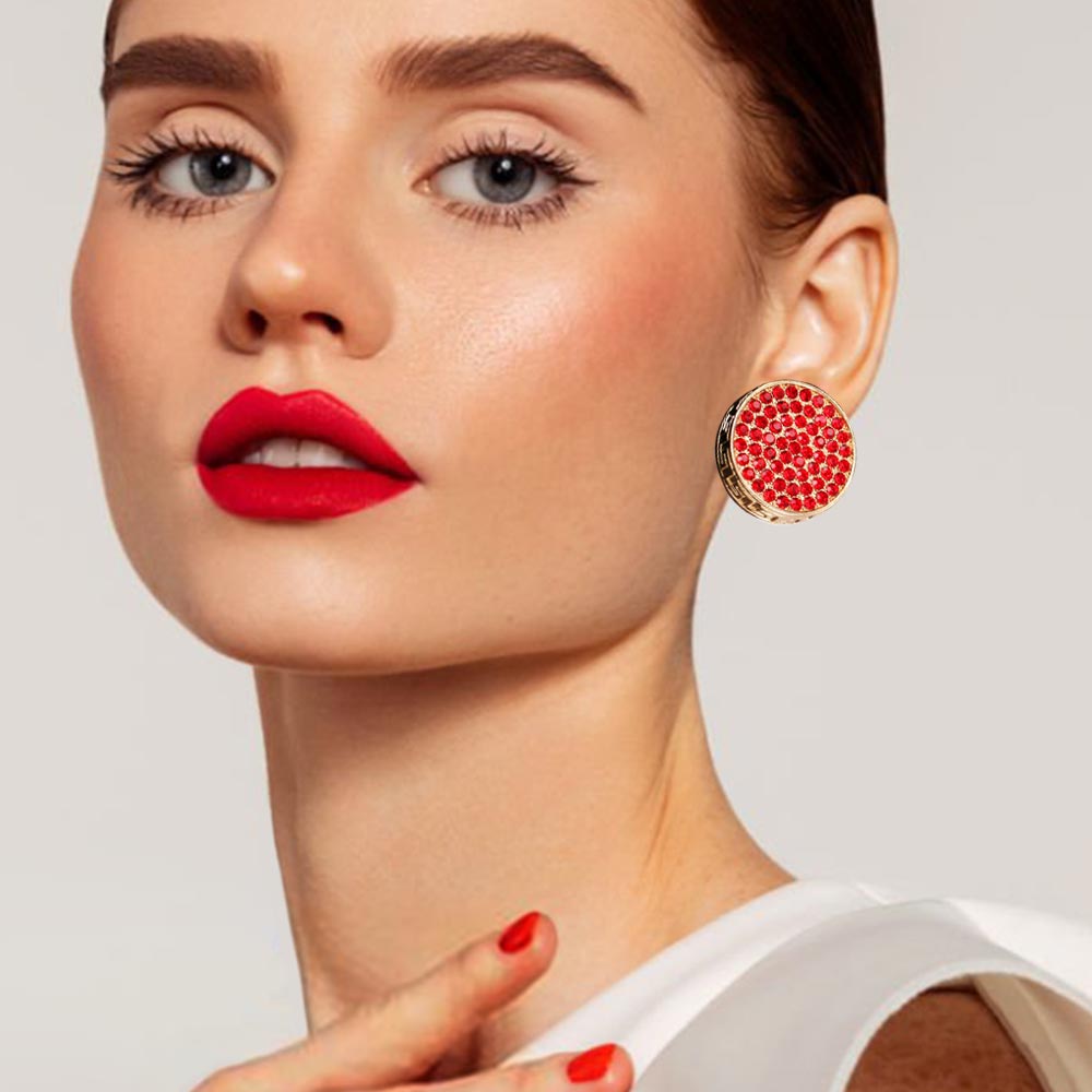 Greek Pattern Detailed Rhinestone Embellished Round Earrings