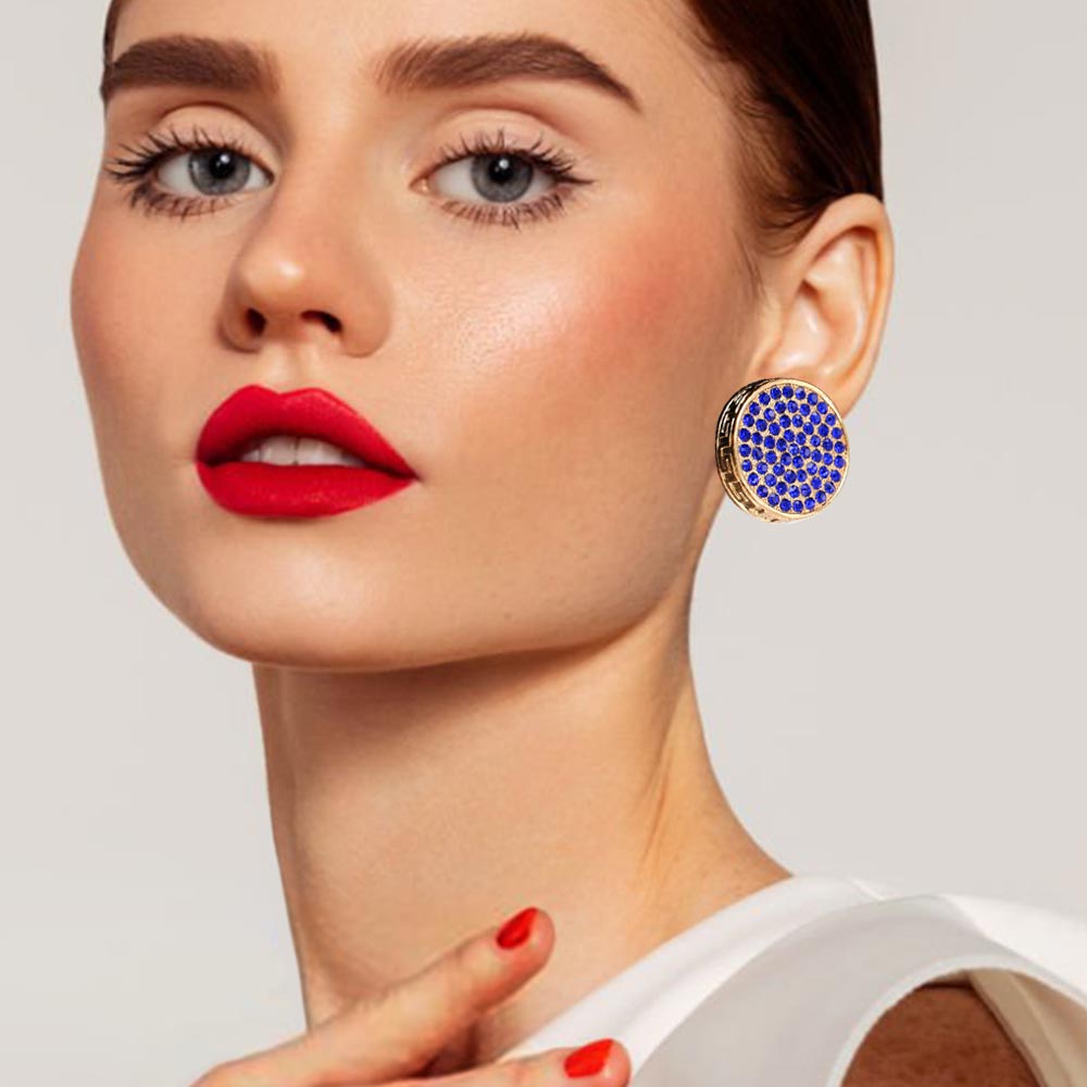 Greek Pattern Detailed Rhinestone Embellished Round Earrings