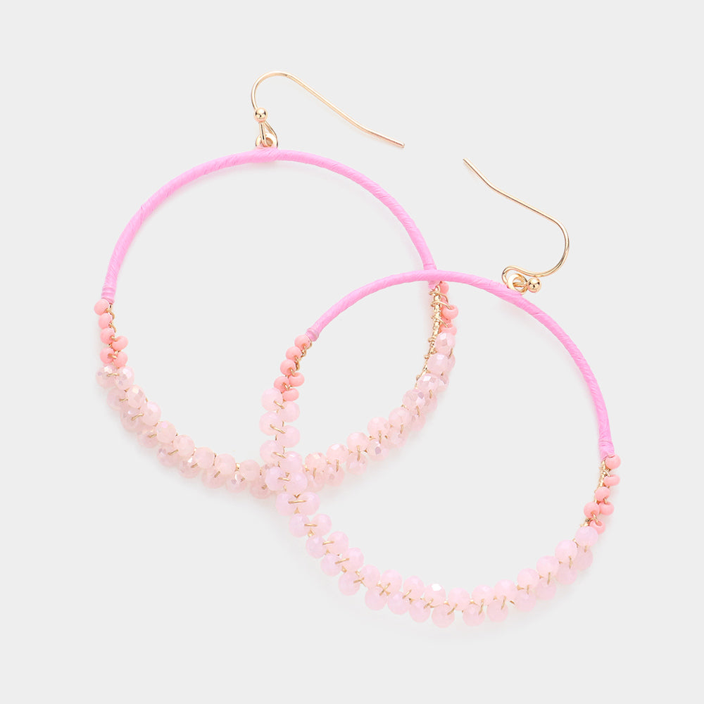 Raffia Faceted Bead Wrapped Open Metal Circle Dangle Earrings
