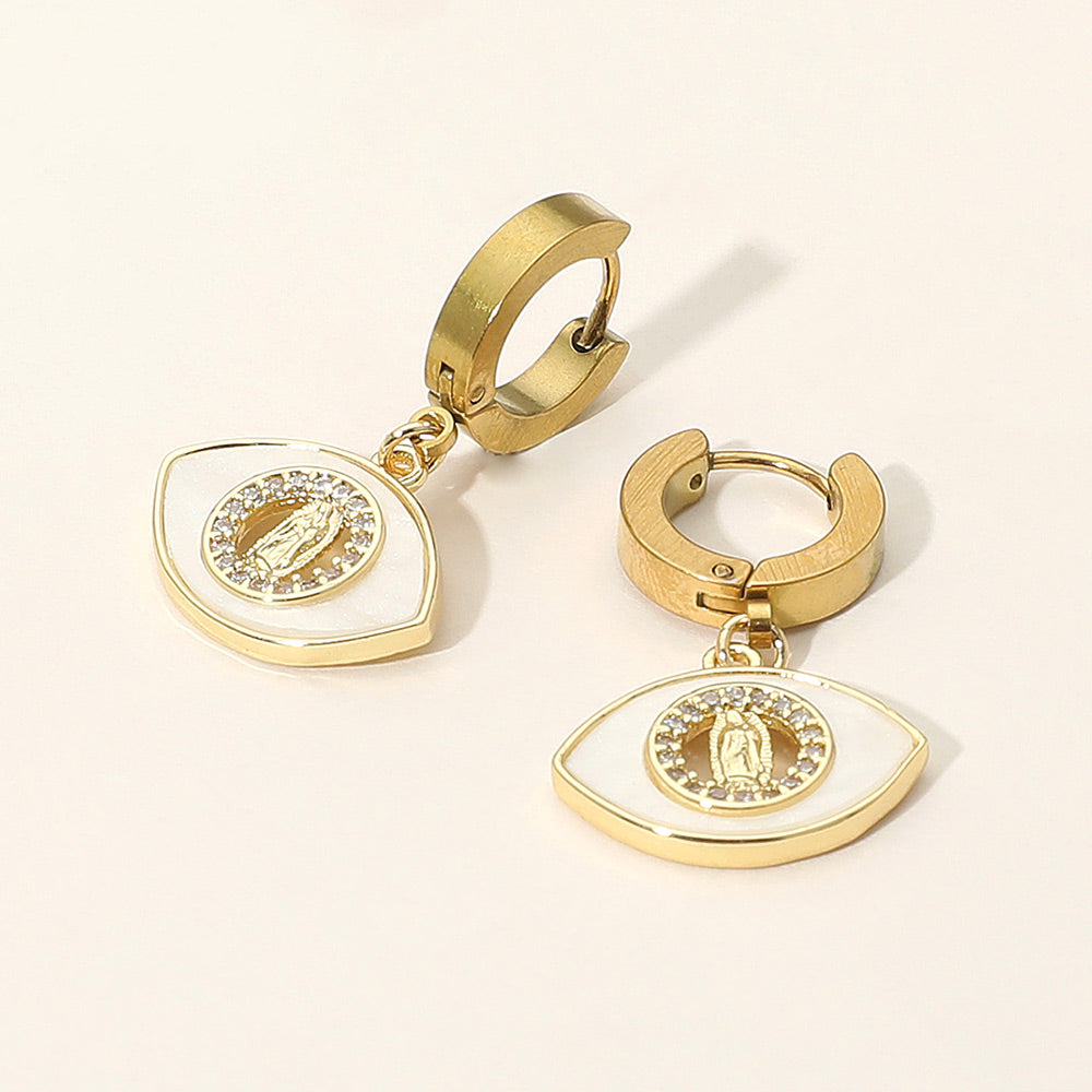 Stainless Steel Mother of Pearl CZ Stone Rim Virgin Mary Accent Evil Eye Charm Dangle Huggie Earrings