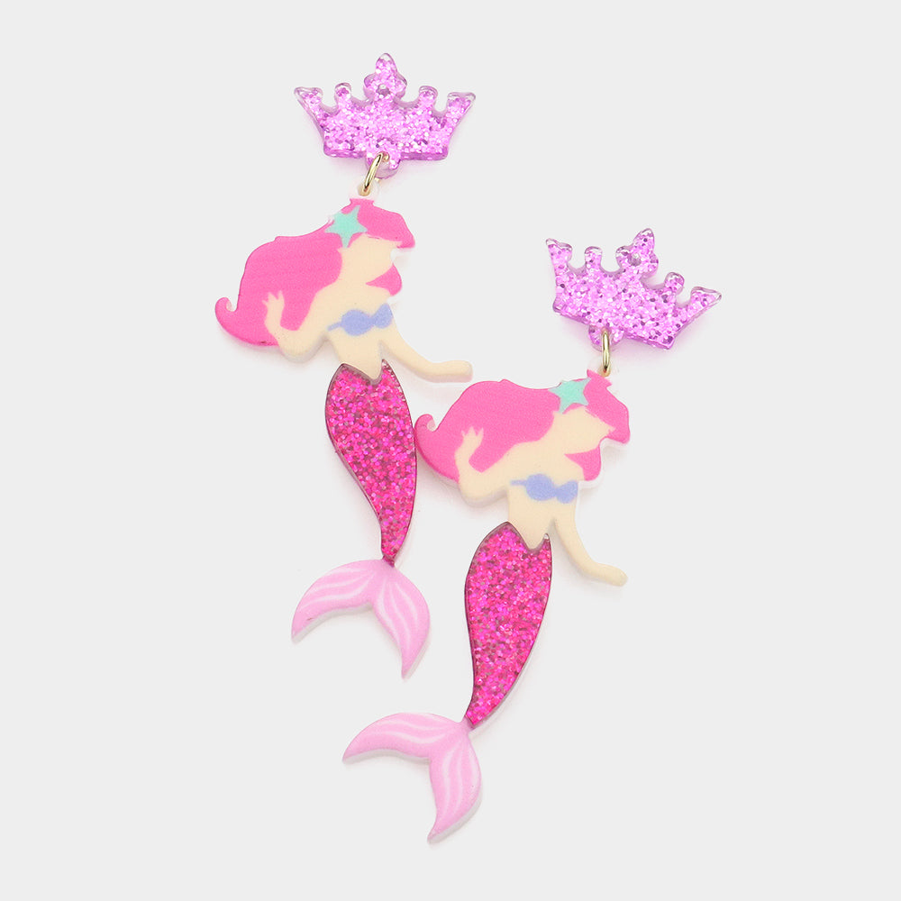 Glittered Resin Crown Mermaid Link Dangle Earrings