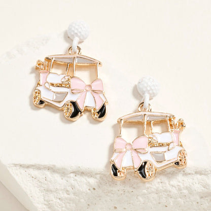 Enamel Bow Accent Golf Cart Drop Dangle Earrings
