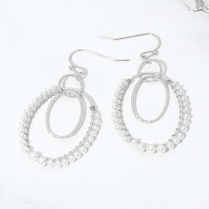 Pearl Beaded Rim Geometric Oval Link Drop Earrings
