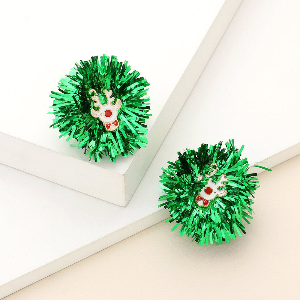 Enamel Rudolph Tinsel Pom Earrings