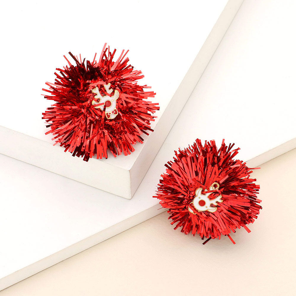 Enamel Rudolph Tinsel Pom Earrings