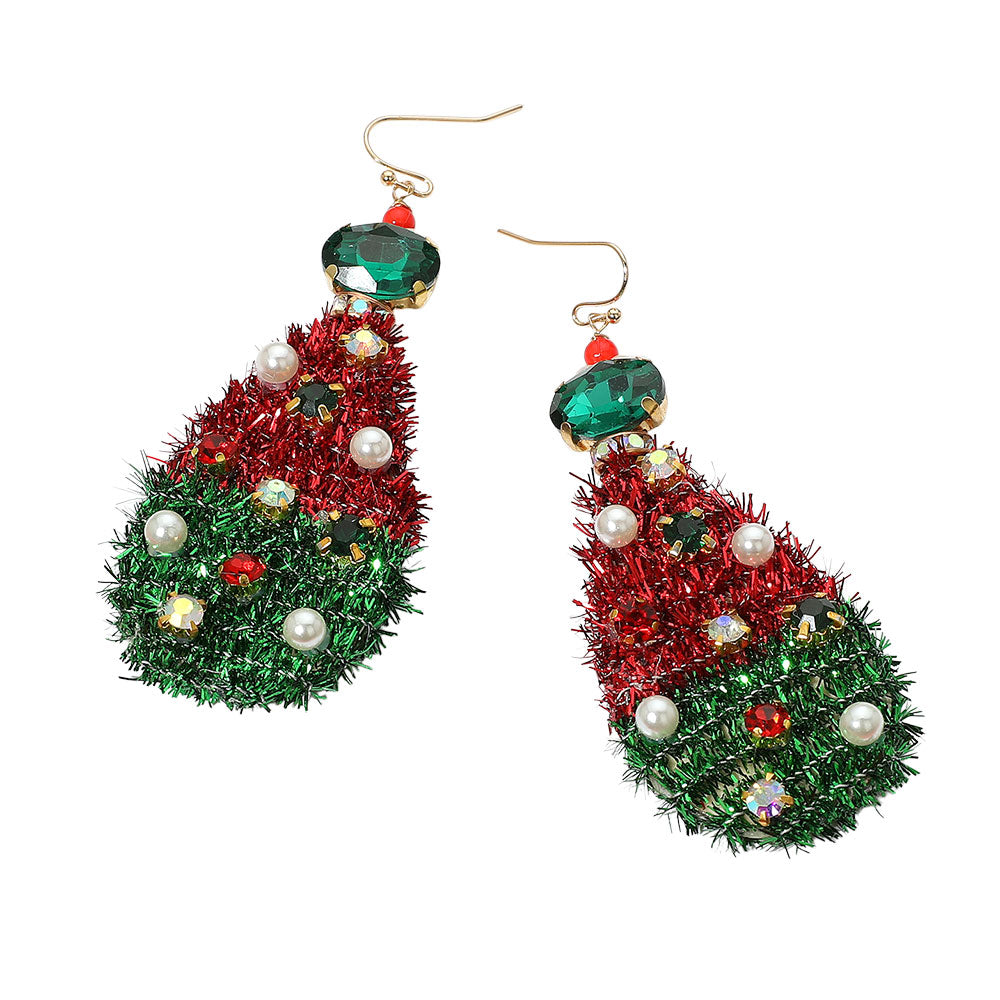 Stone Cluster Pearl Embellished Christmas Tinsel Teardrop Dangle Earrings